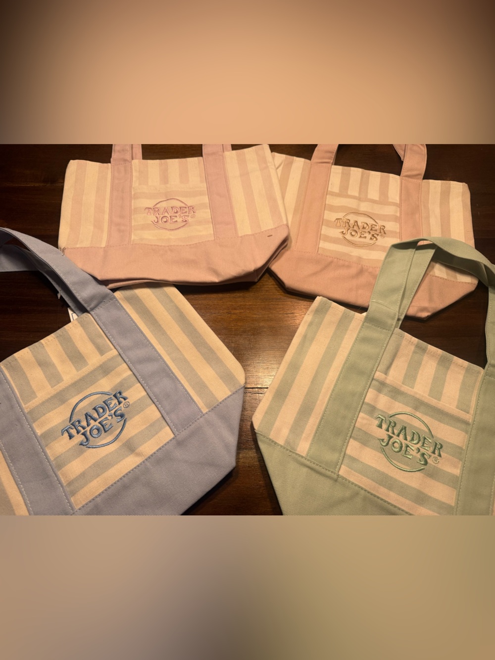 Trader Joe's Pastel Stripe Canvas Tote - Pink, Blue, Green, Tan. Set of 4!